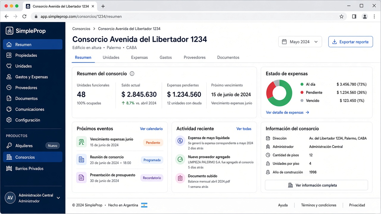 SimpleProp con alquileres, consorcios y barrios privados en la misma cuenta